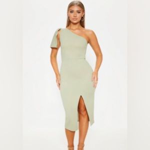 Sage Green One Shoulder Bow Detail Midi Dress